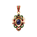 Gold pendant with sapphire, emerald, and ruby gemstones, red and green enamel floral design