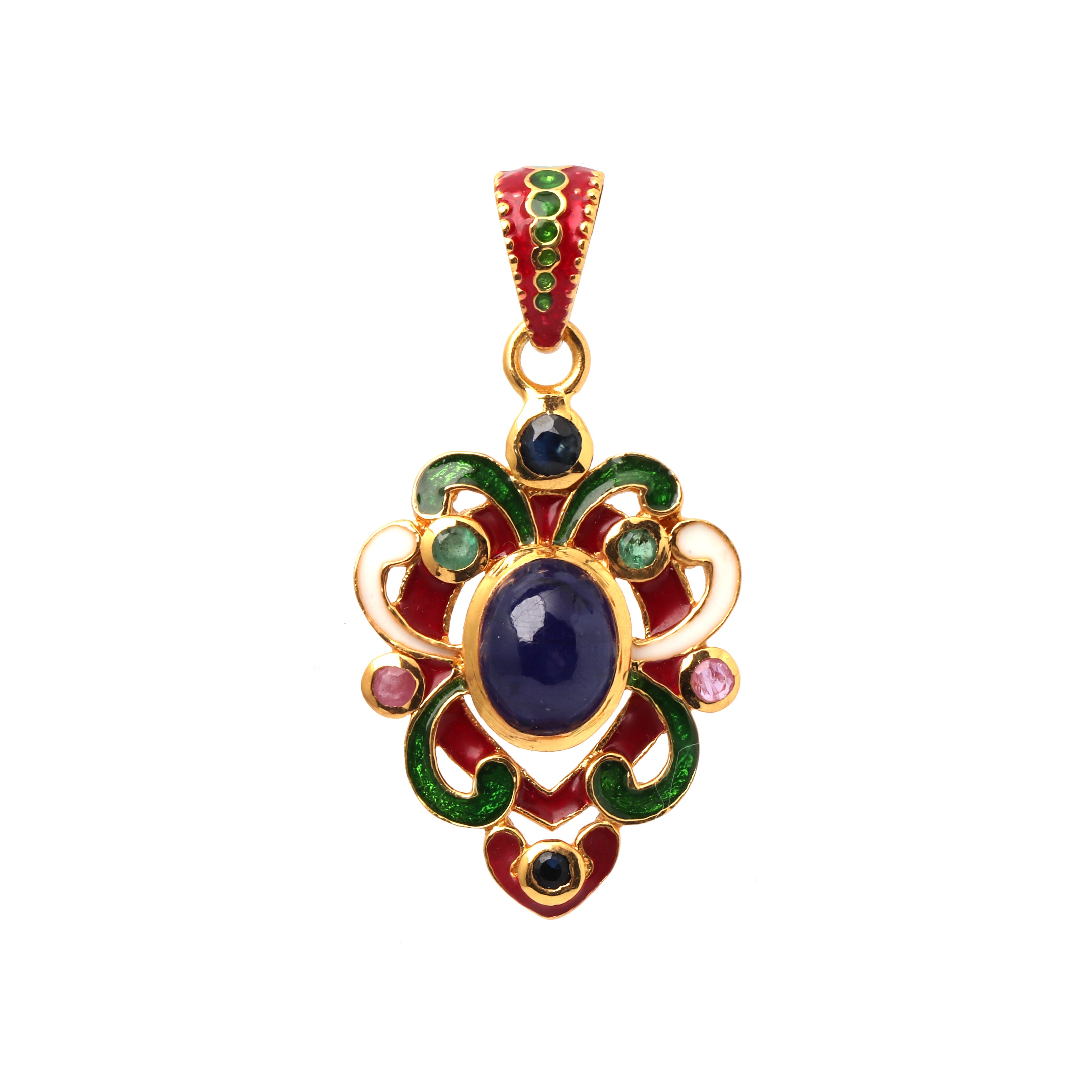 Gold plated sapphire pendant in 925 sterling silver with enamel detailing