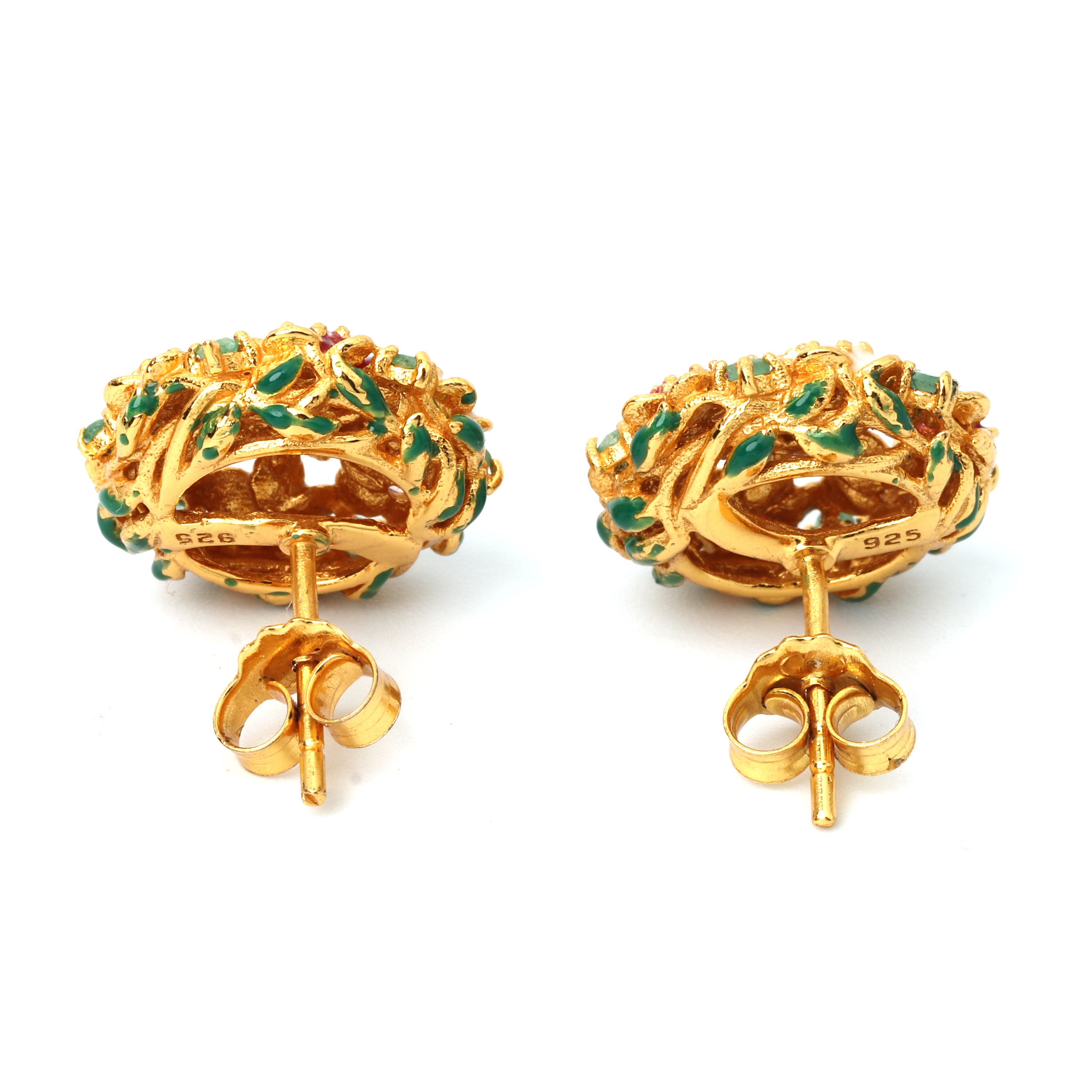Floral emerald gemstone earrings with white and red enamel accents