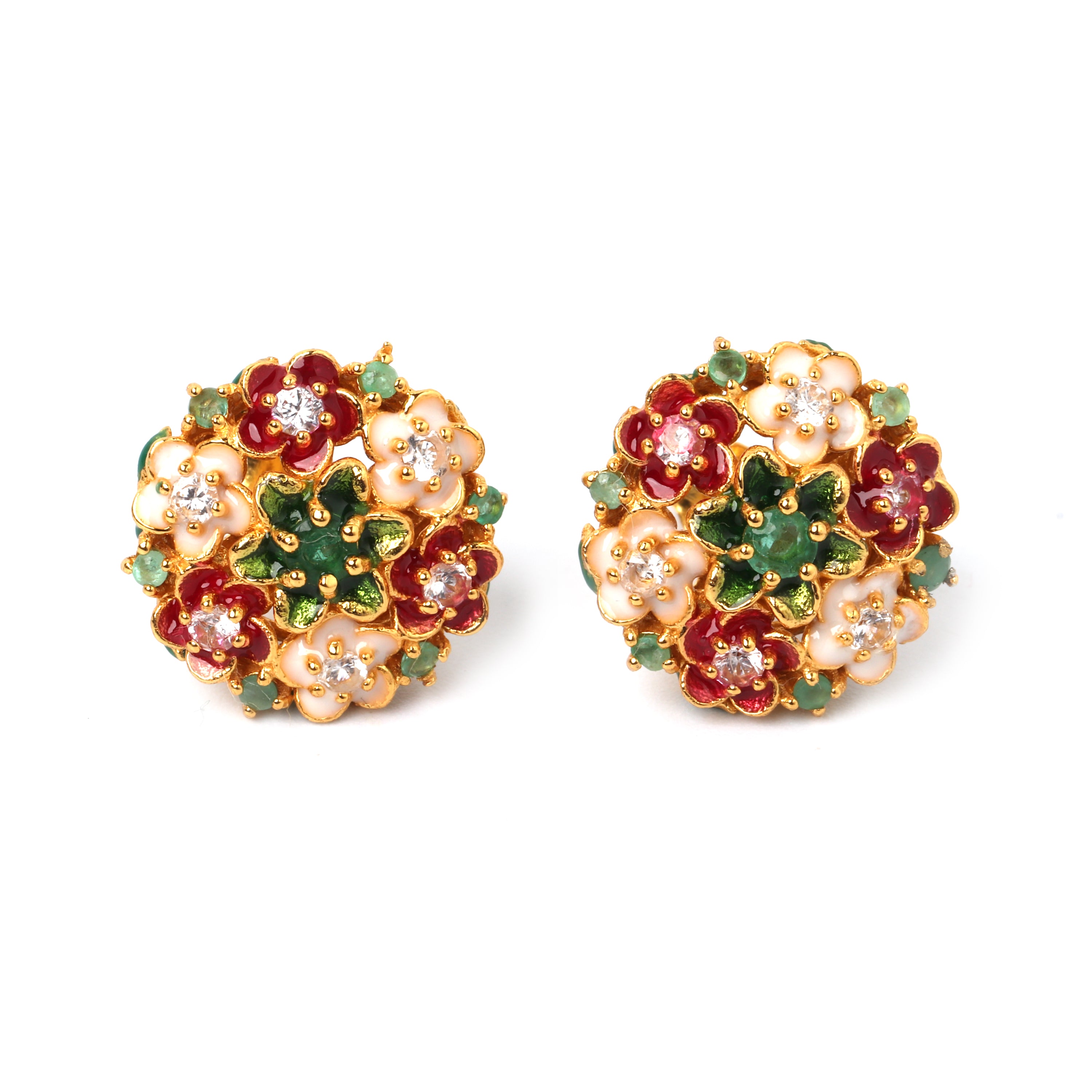 Gold plated emerald floral stud earrings in 925 sterling silver with enamel flowers