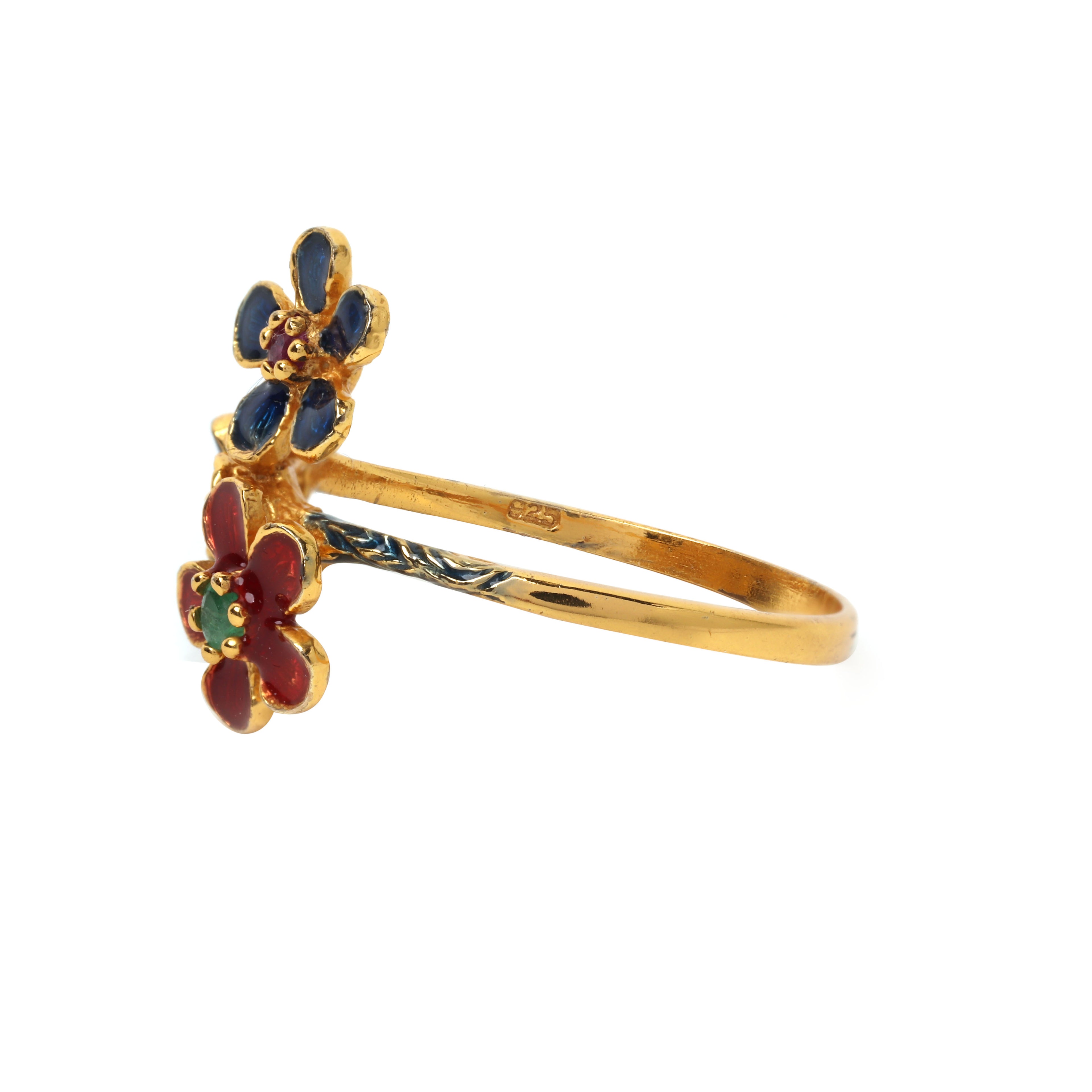 Handcrafted flower ring with ruby and emerald accents