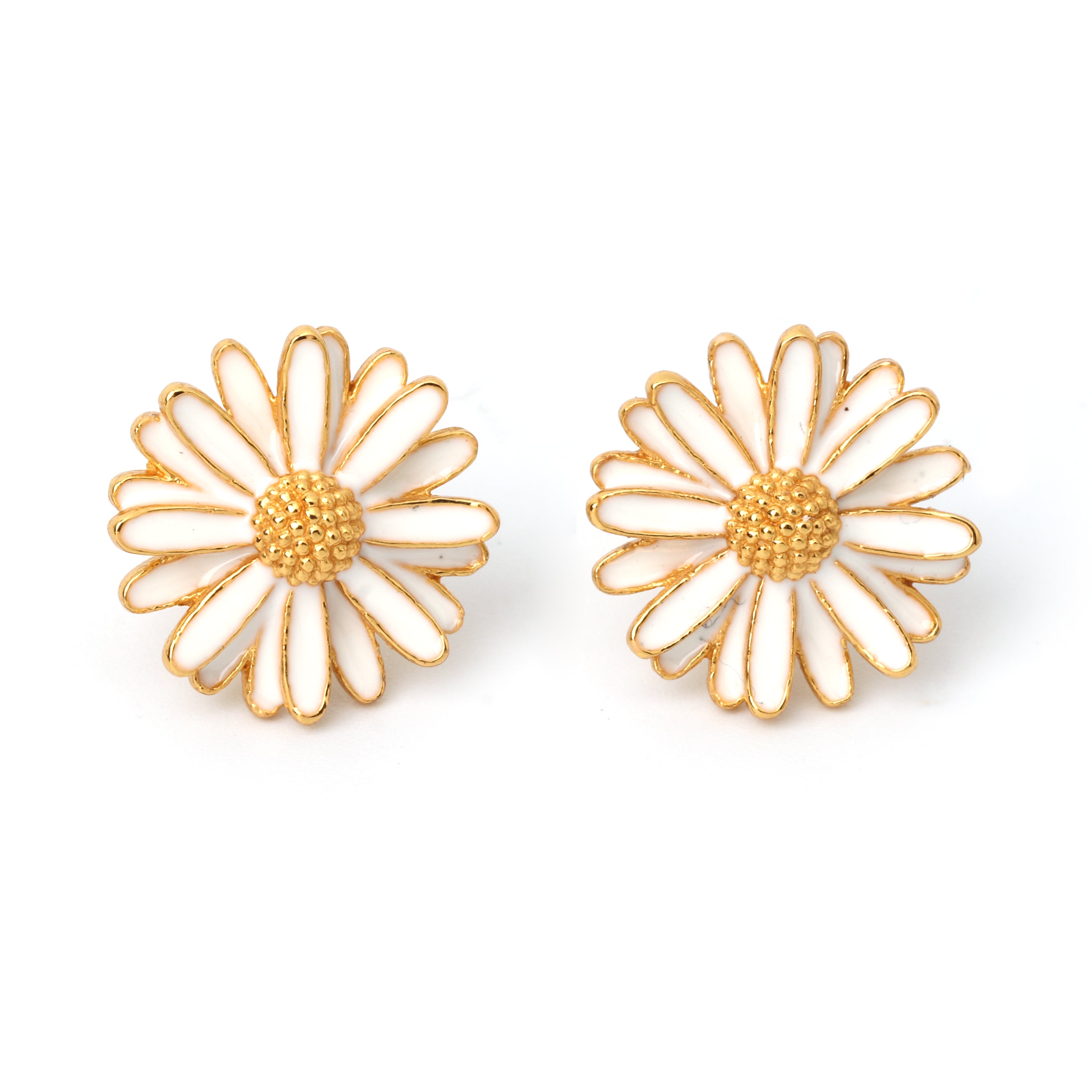 Gold plated daisy flower stud earrings in 925 sterling silver with white enamel petals