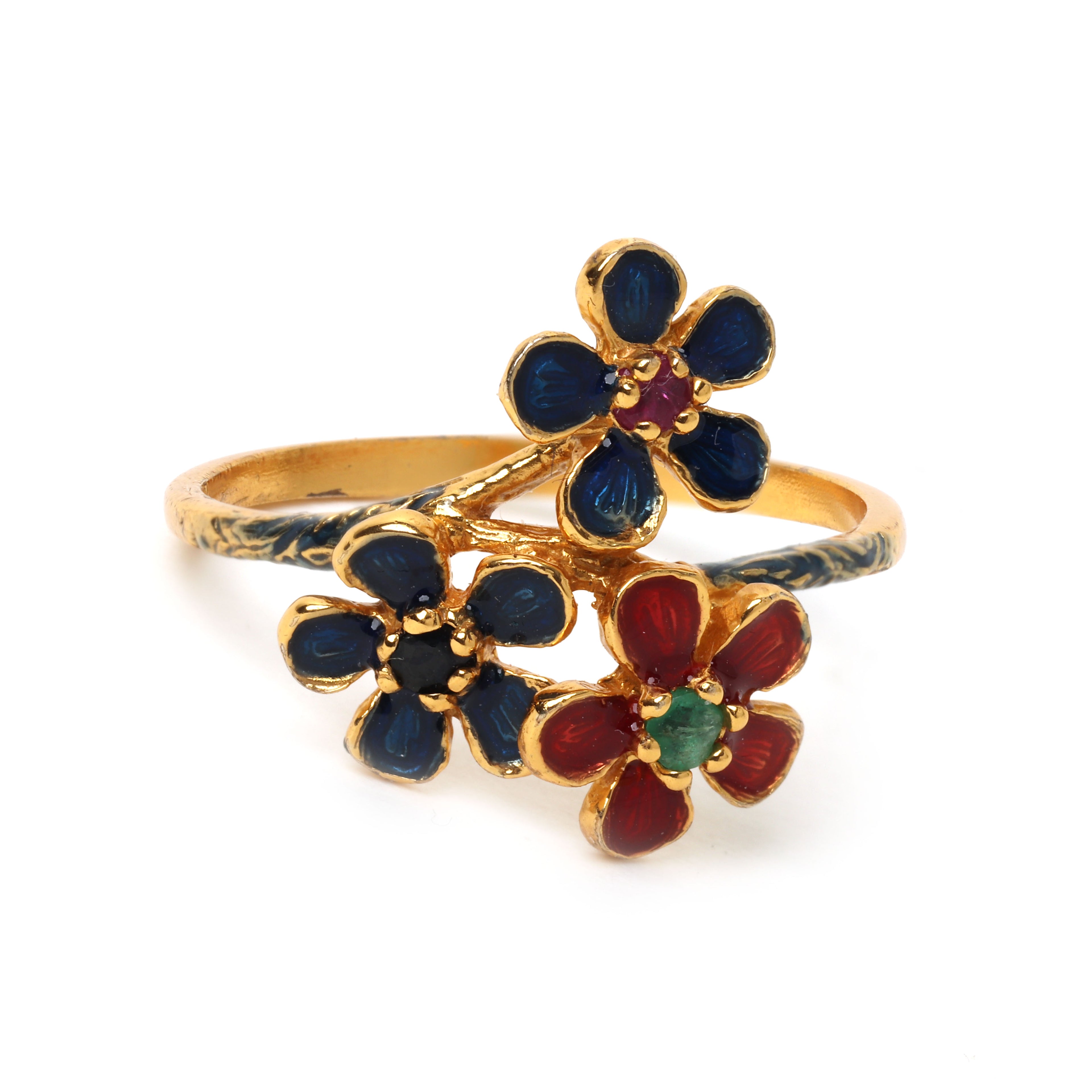 Ruby and emerald floral ring in gold plated sterling silver
