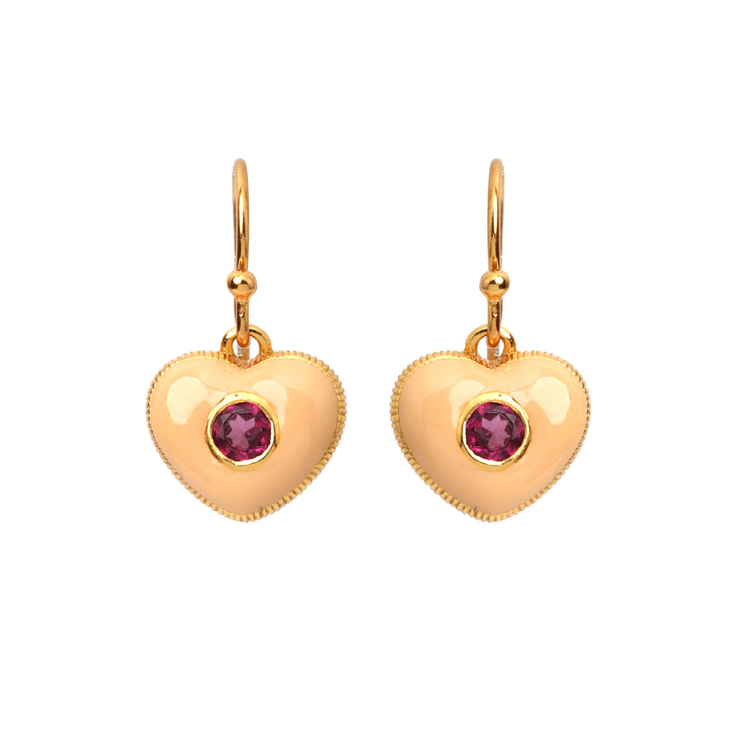Gold plated ruby heart earrings in 925 sterling silver with cream enamel finish