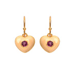 Gold heart earrings with pink gemstone center, enamel finish, dangle style