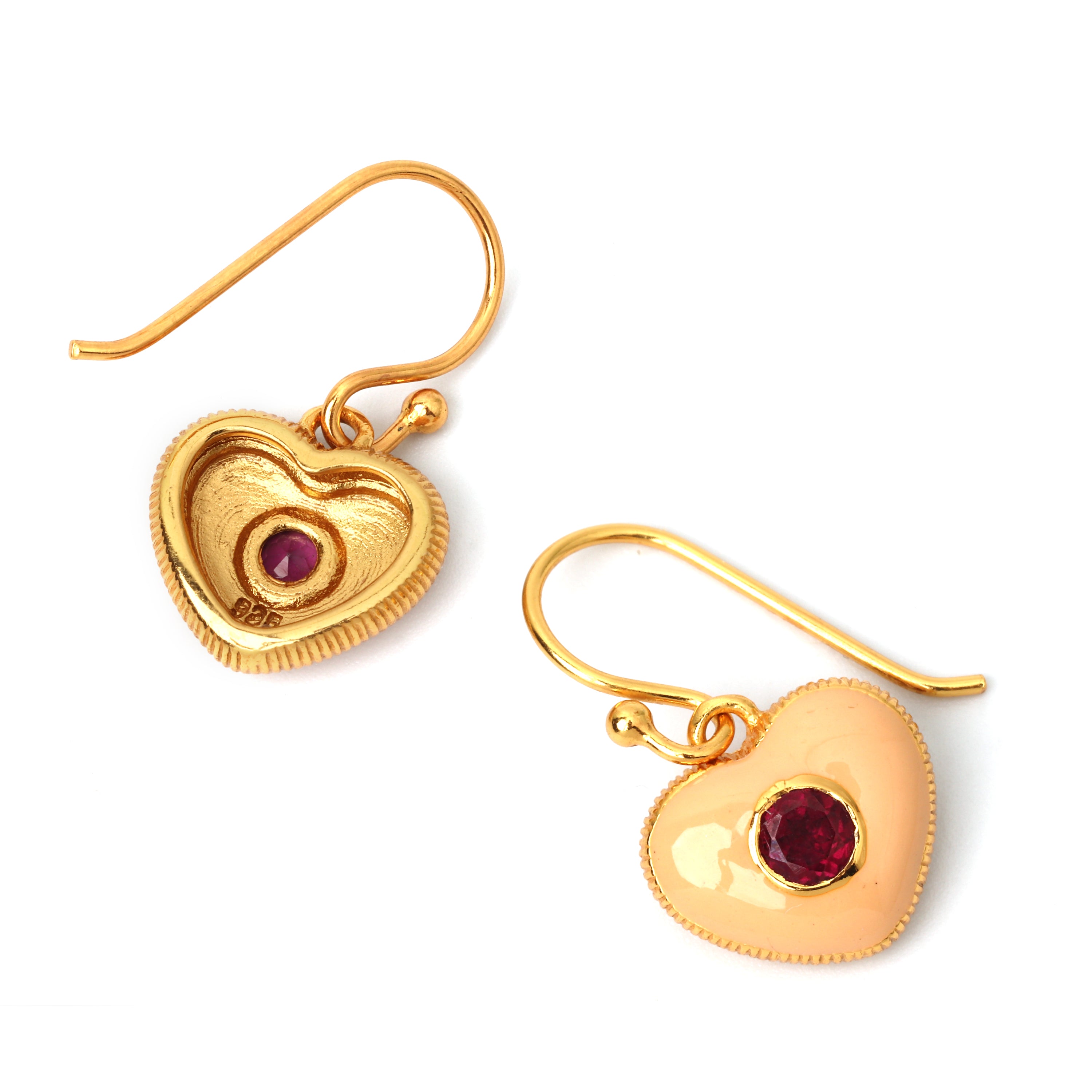 Romantic ruby gemstone earrings with cream enamel heart design
