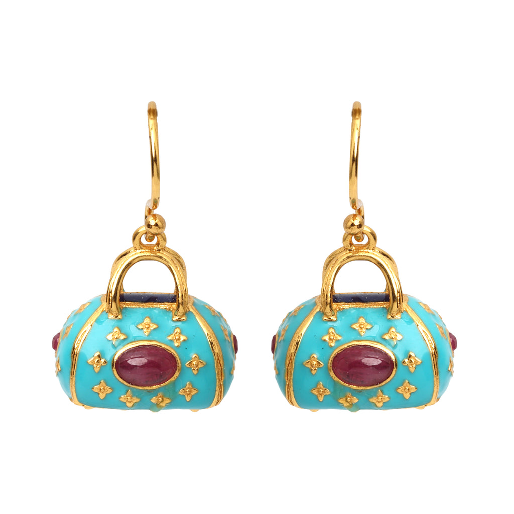 Gold plated ruby drop earrings in 925 sterling silver with turquoise enamel accents
