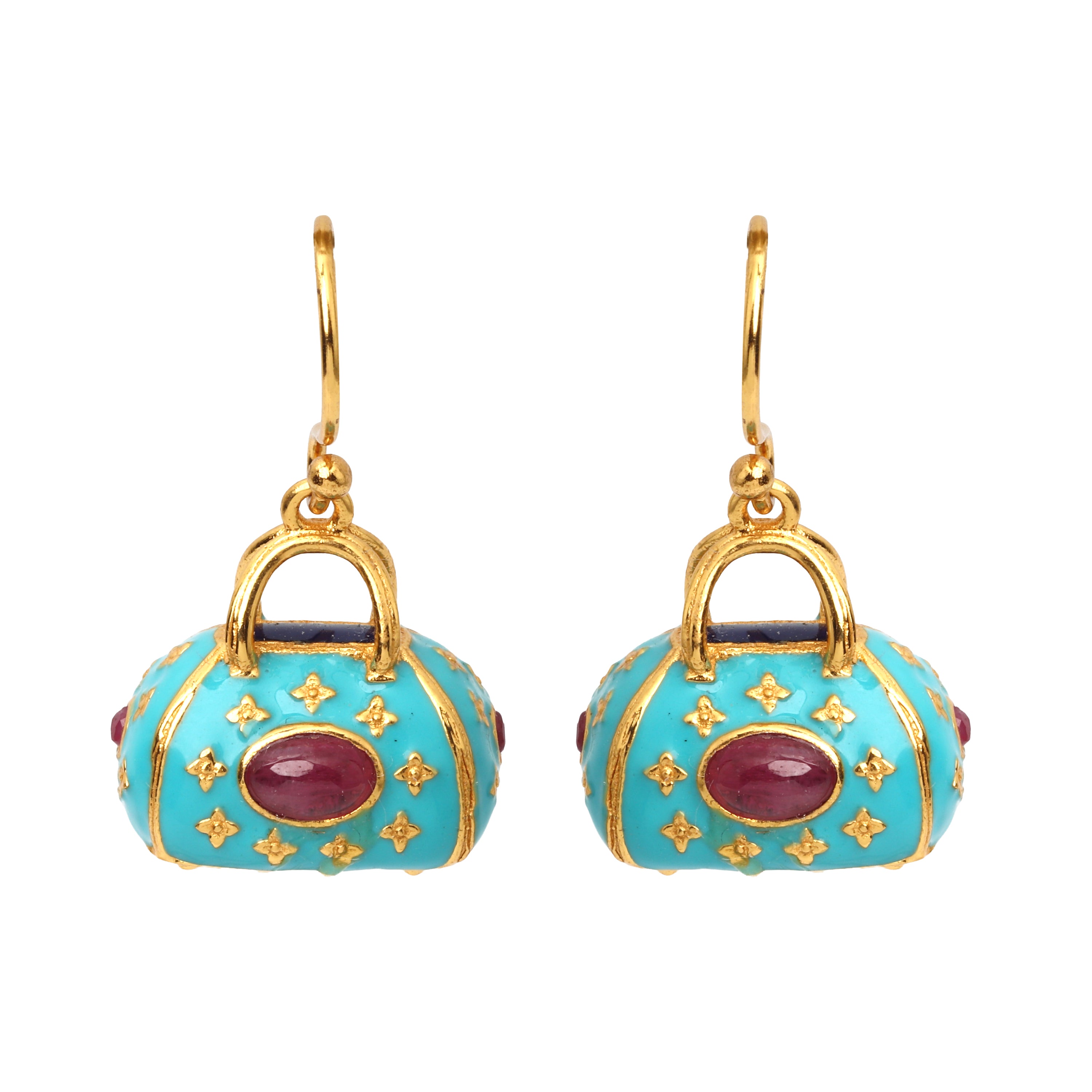 Gold plated ruby drop earrings in 925 sterling silver with turquoise enamel accents