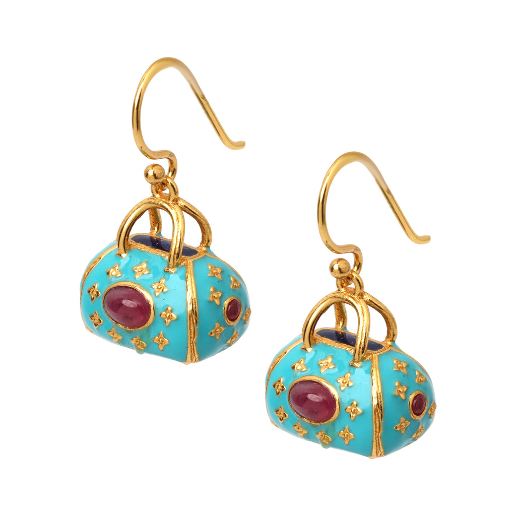 Elegant handcrafted ruby earrings featuring a handbag inspired design