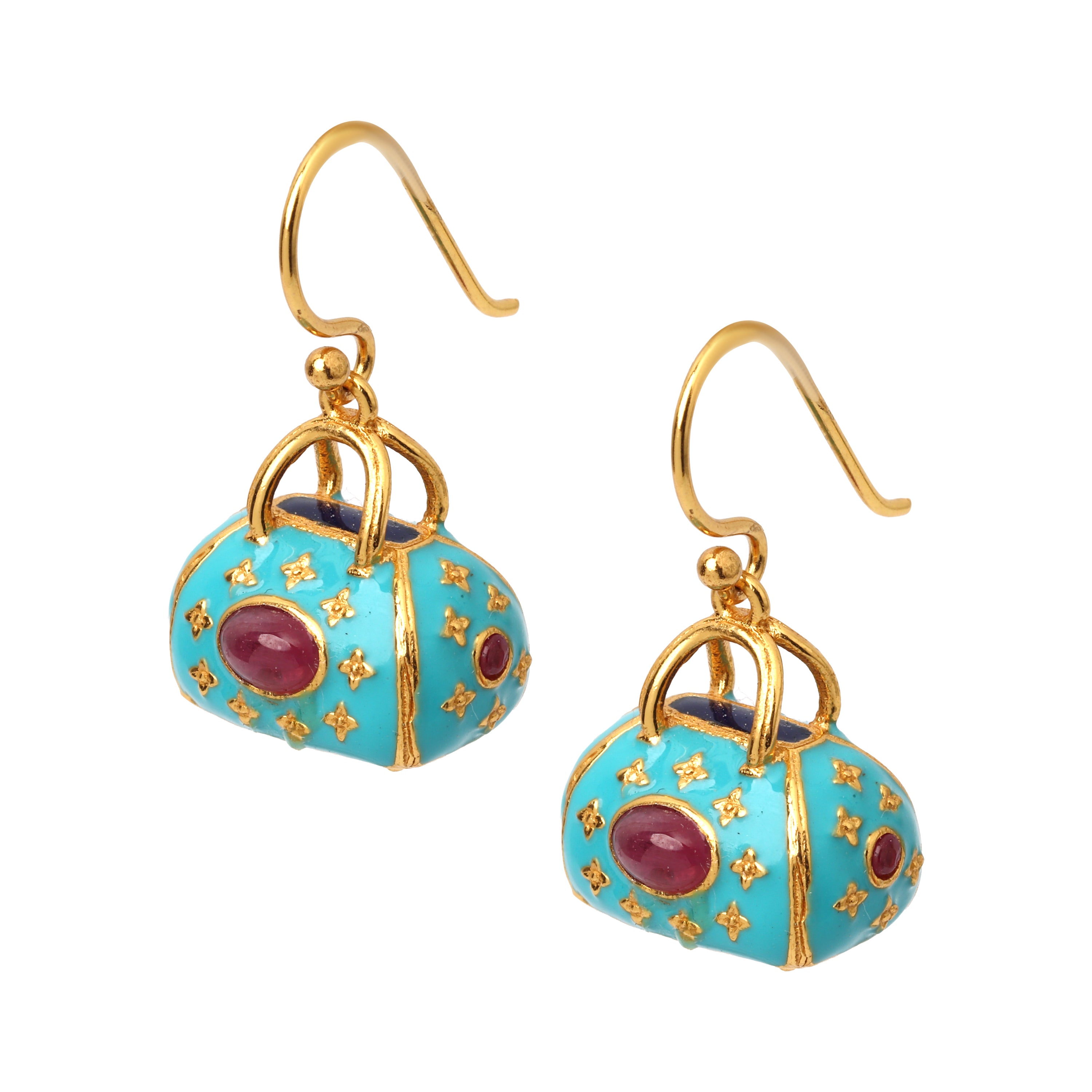 Elegant handcrafted ruby earrings featuring a handbag inspired design