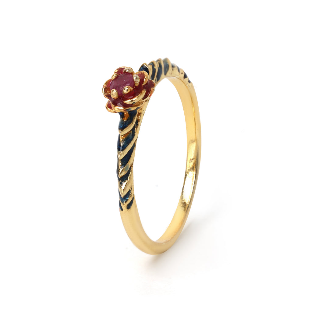 Petite ruby gemstone ring with blue enamel detailing