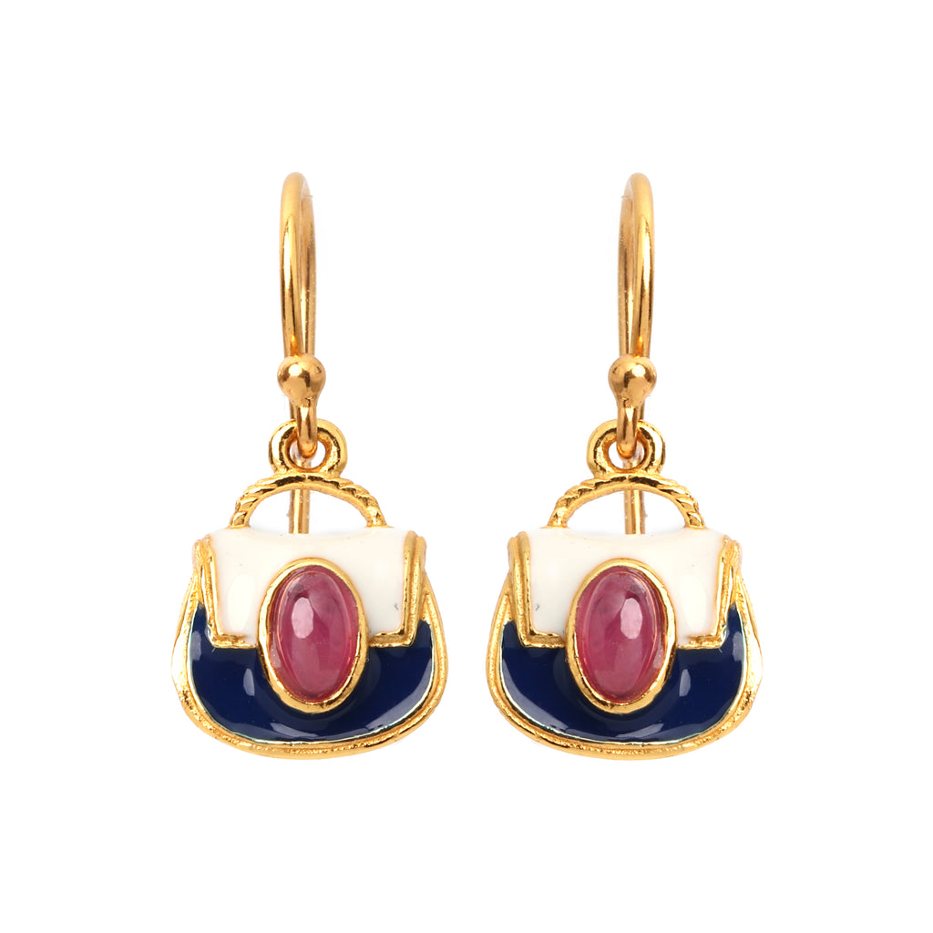 Gold plated ruby drop earrings in 925 sterling silver with white and navy enamel details