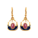 Gold-tone handbag earrings with white and navy enamel, oval pink gemstone accent, elegant fashion jewelry