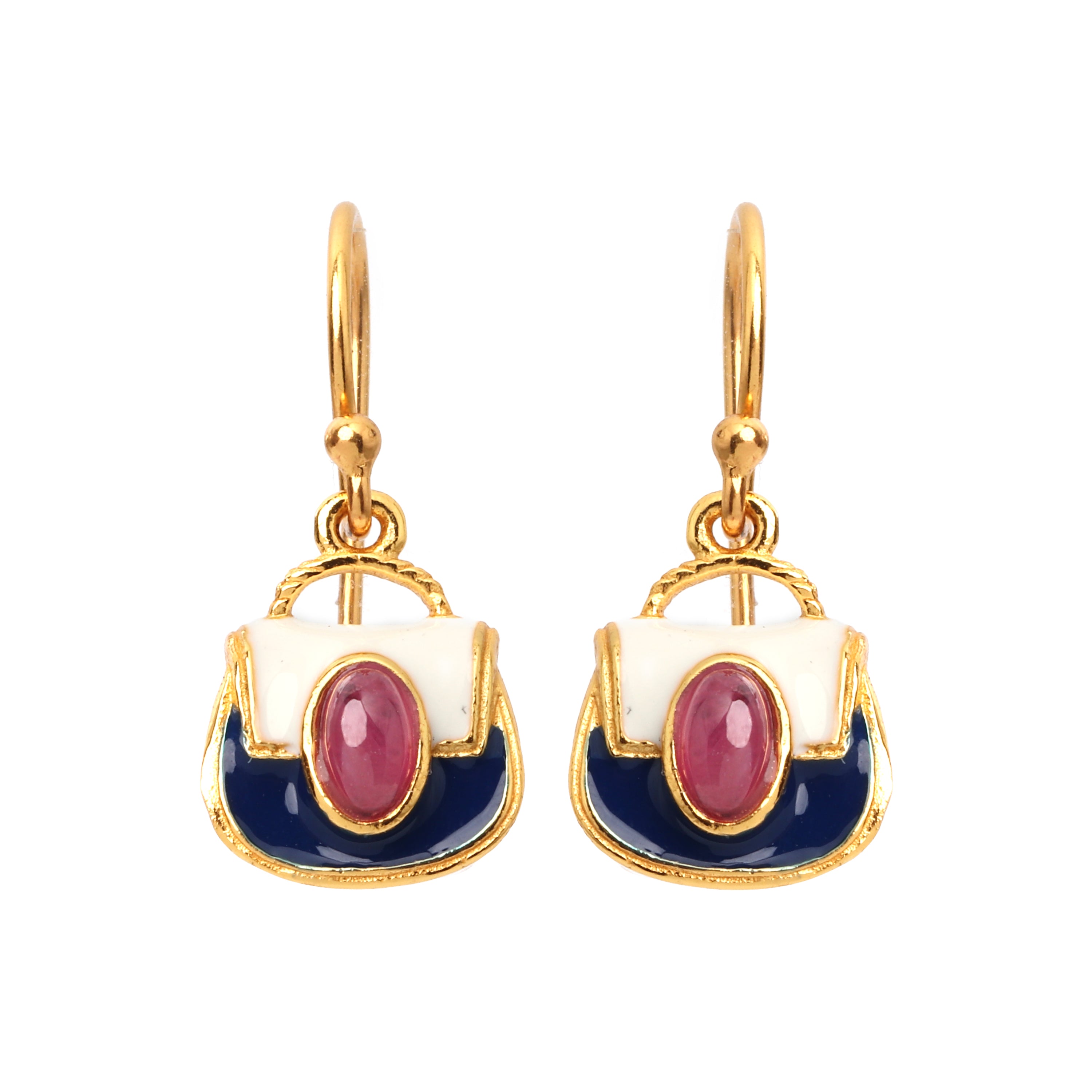 Gold plated ruby drop earrings in 925 sterling silver with white and navy enamel details