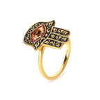 Gold plated sterling silver Hamsa ring with citrine gemstone