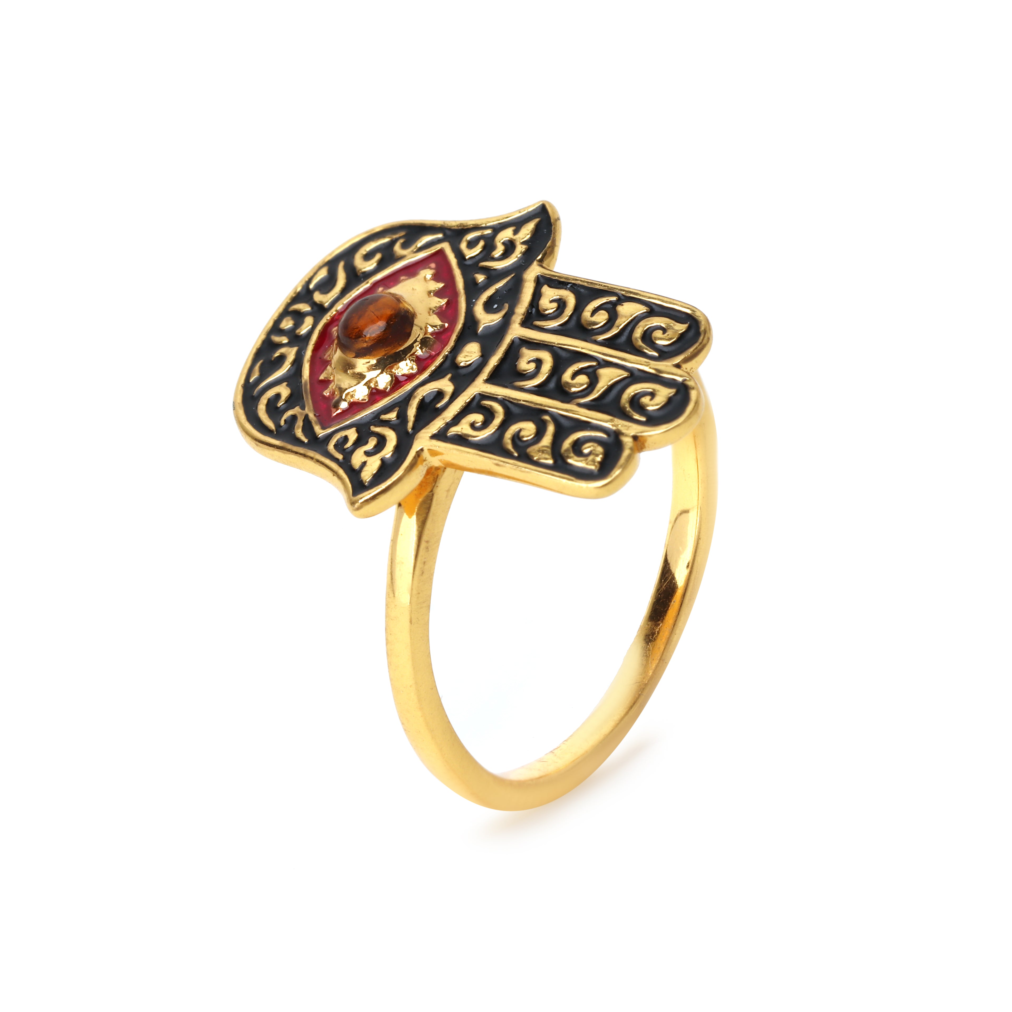 Gold plated sterling silver Hamsa ring with citrine gemstone