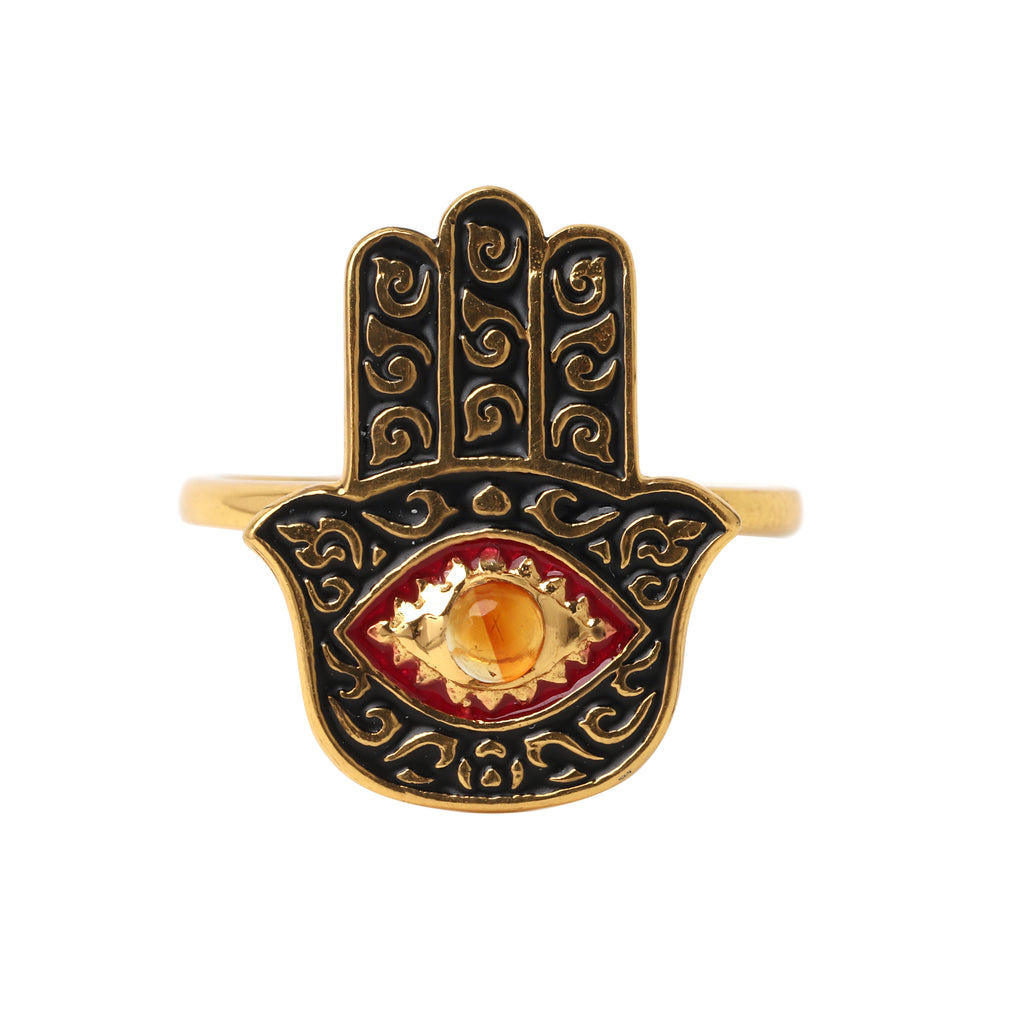 Citrine Hamsa hand ring in gold plated sterling silver
