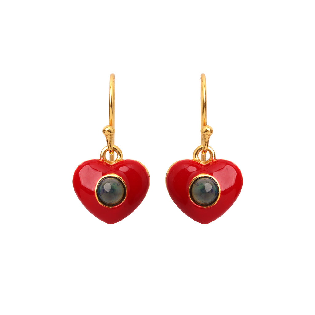 Gold plated sapphire heart earrings in 925 sterling silver with red enamel accents
