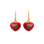 Red heart drop earrings with gold hooks and central gemstone, handcrafted sterling silver jewelry