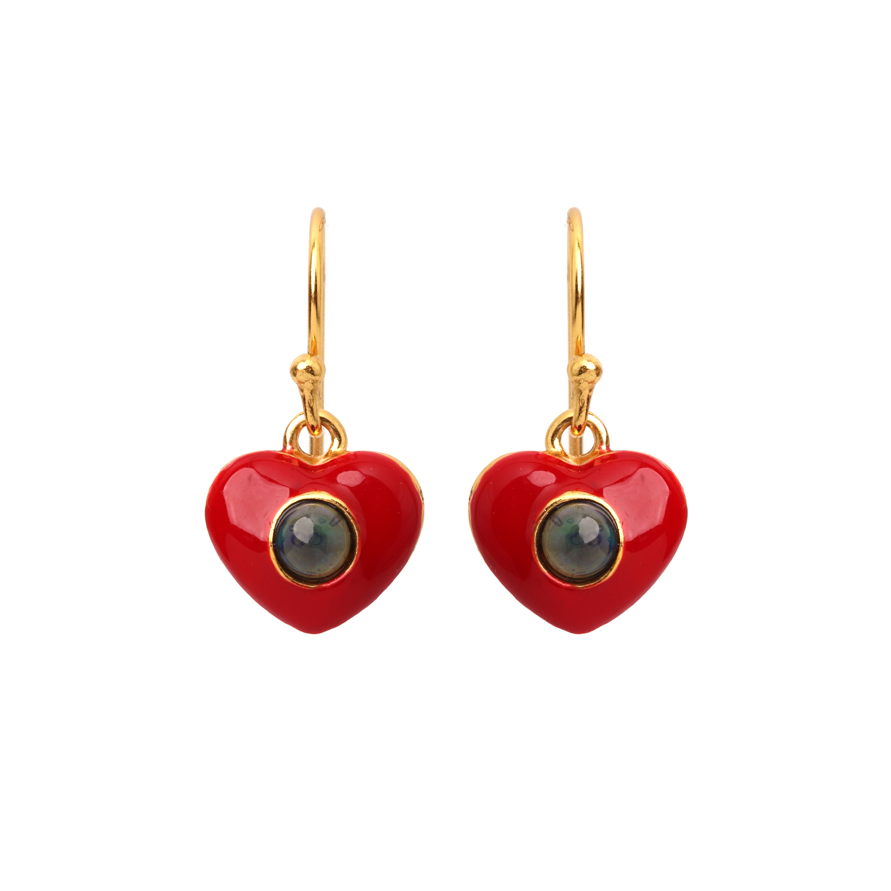 Gold plated sapphire heart earrings in 925 sterling silver with red enamel accents