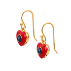 Red heart earrings with blue gemstone, gold-tone hooks, handcrafted gemstone jewelry