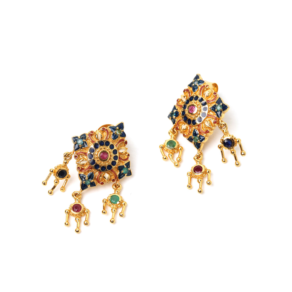 Elegant gold plated earrings featuring colorful natural gemstones