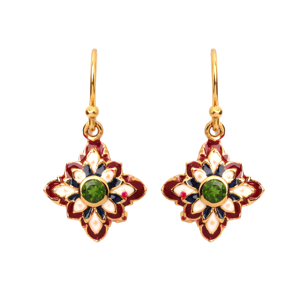 Elegant emerald drop earrings handcrafted in sterling silver with red and white enamel accents