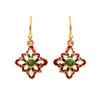 Gold floral earrings with green gemstone center, red white blue enamel, handcrafted Thai jewelry