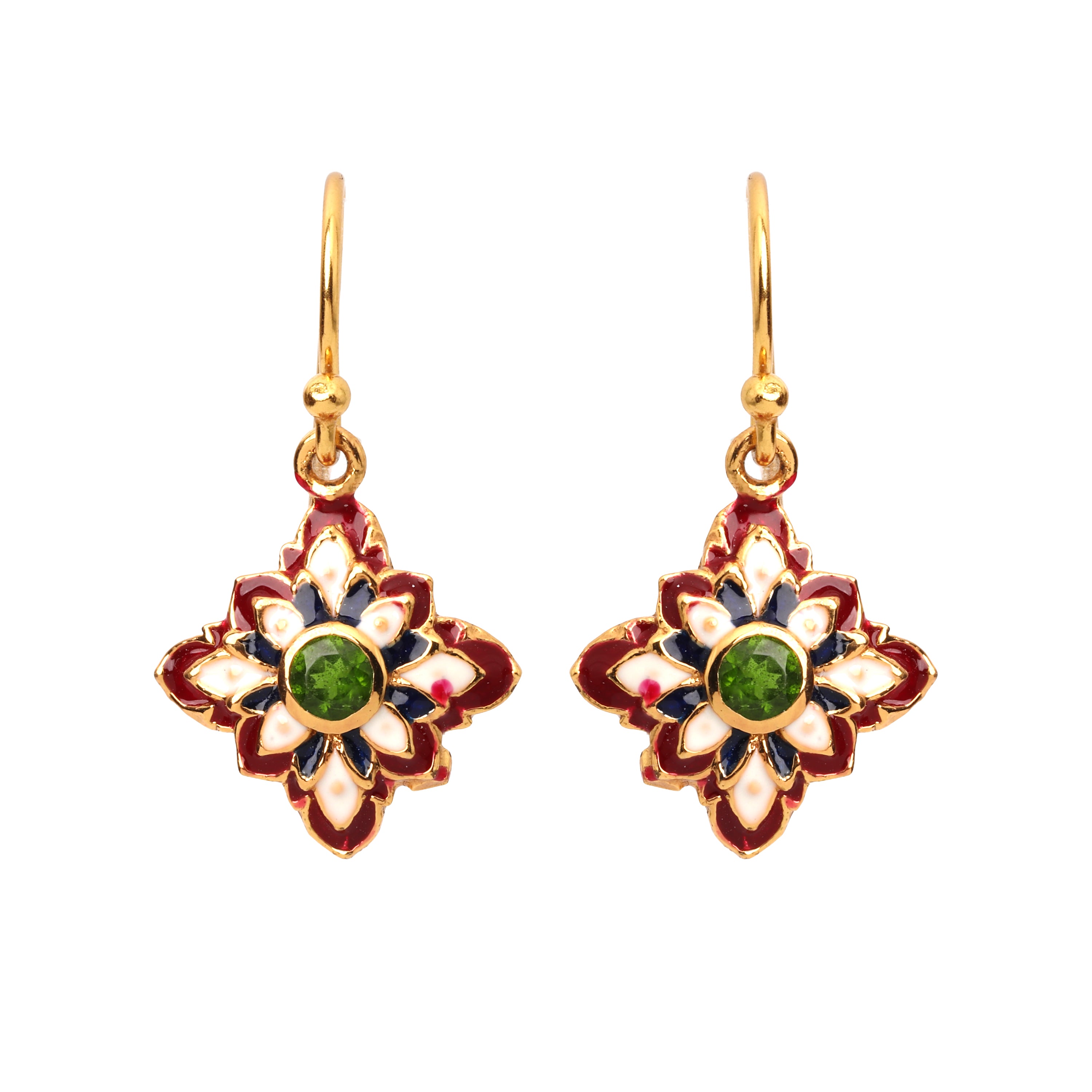 Elegant emerald drop earrings handcrafted in sterling silver with red and white enamel accents