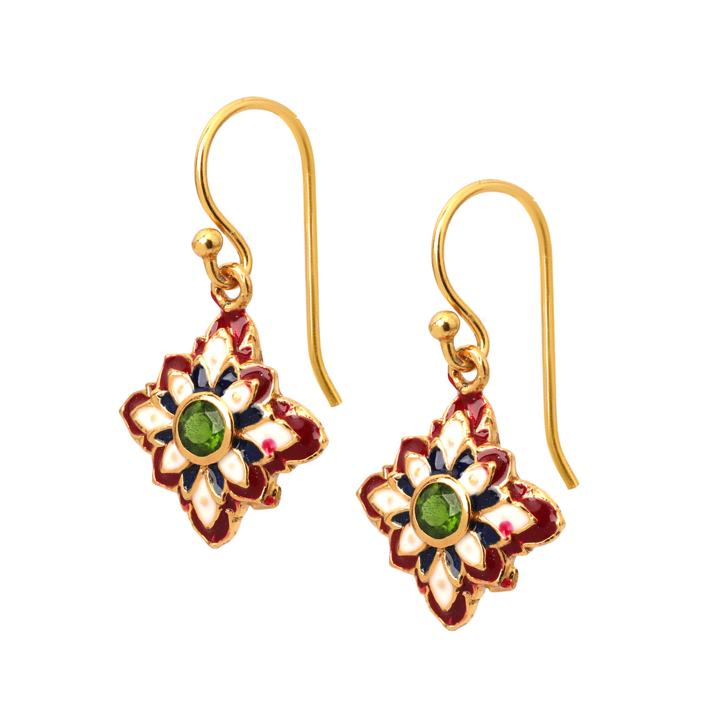 Gold plated emerald floral earrings in 925 sterling silver with artisan enamel detailing