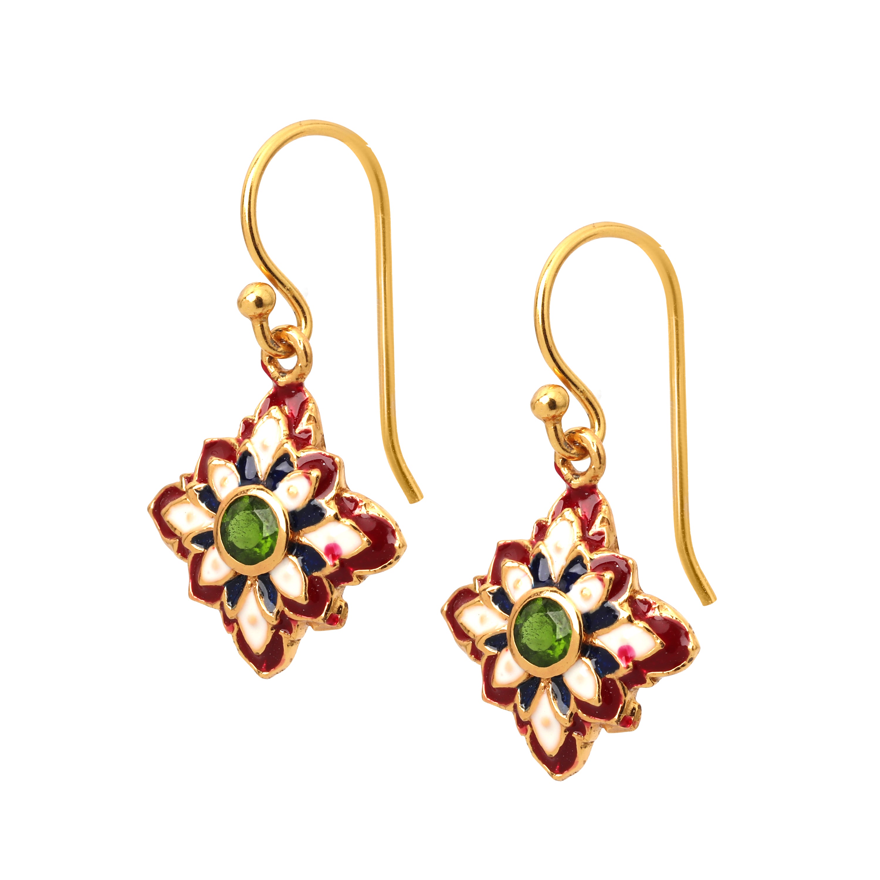 Gold plated emerald floral earrings in 925 sterling silver with artisan enamel detailing
