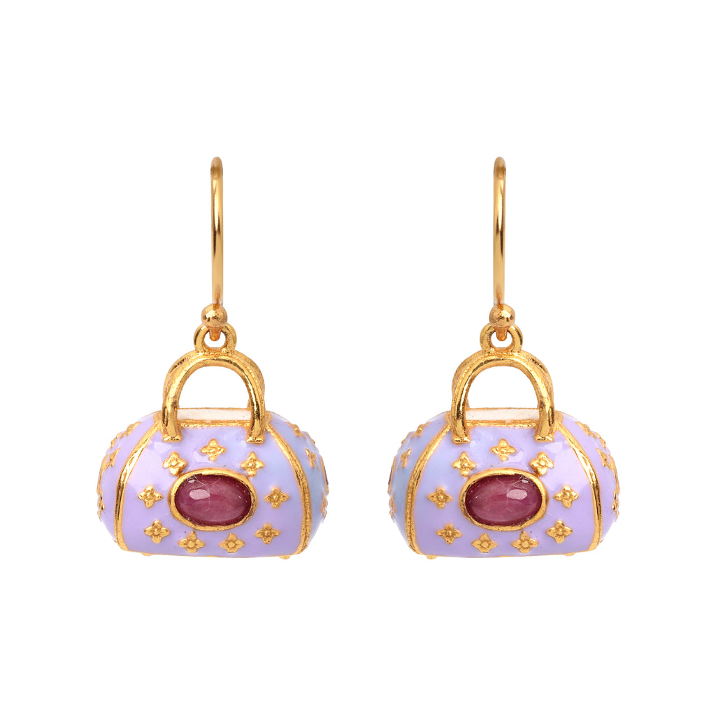Gold plated ruby drop earrings in 925 sterling silver with lavender enamel accents