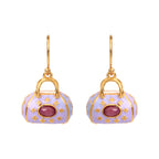 Lavender enamel handbag earrings with gold trim and ruby cabochon, elegant gemstone jewelry
