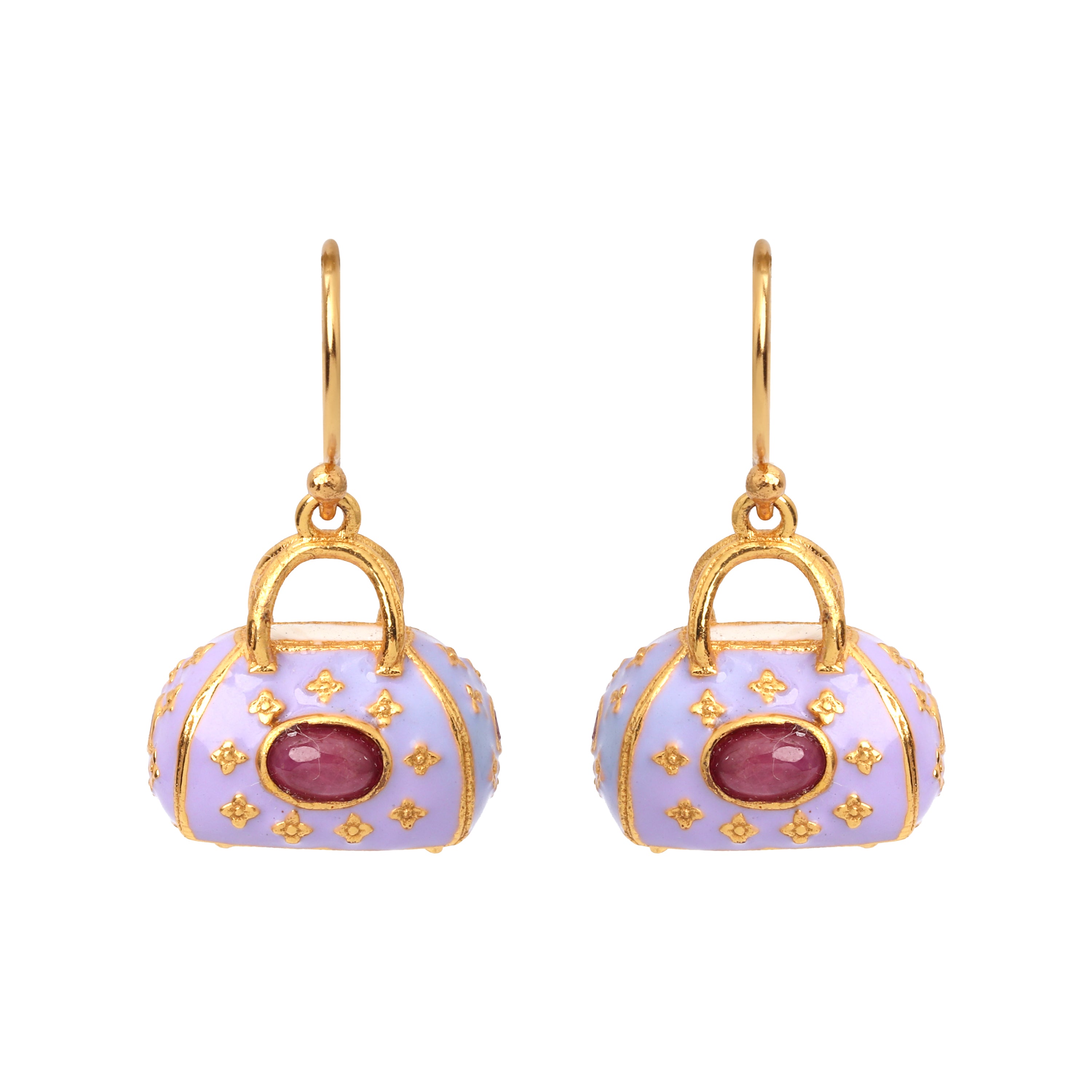 Gold plated ruby drop earrings in 925 sterling silver with lavender enamel accents