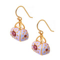 Lavender enamel and gold-tone dangle earrings with red gemstone accents, handcrafted gemstone jewelry