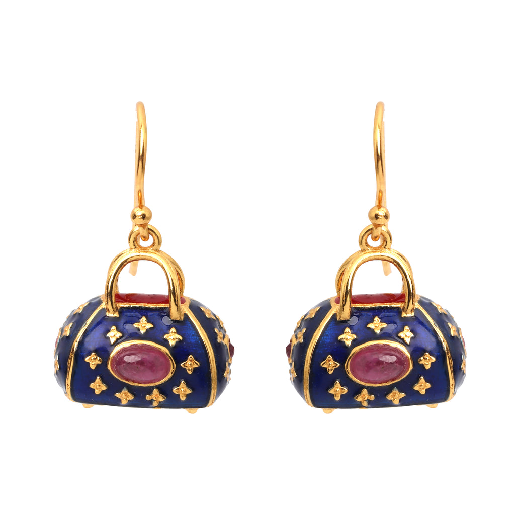 Gold plated ruby drop earrings in 925 sterling silver with blue enamel accents