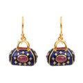 Gold plated ruby drop earrings in 925 sterling silver with blue enamel accents