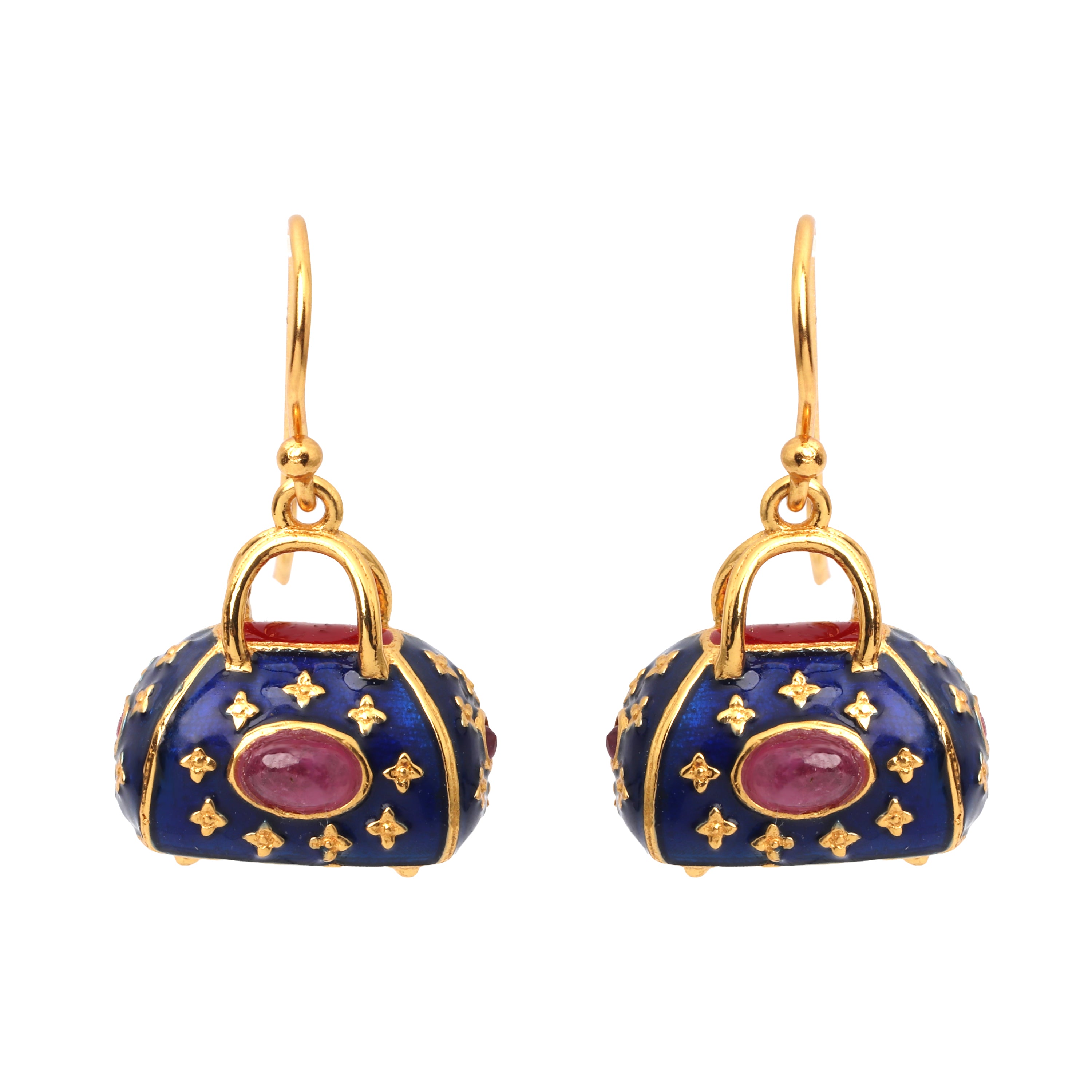 Gold plated ruby drop earrings in 925 sterling silver with blue enamel accents