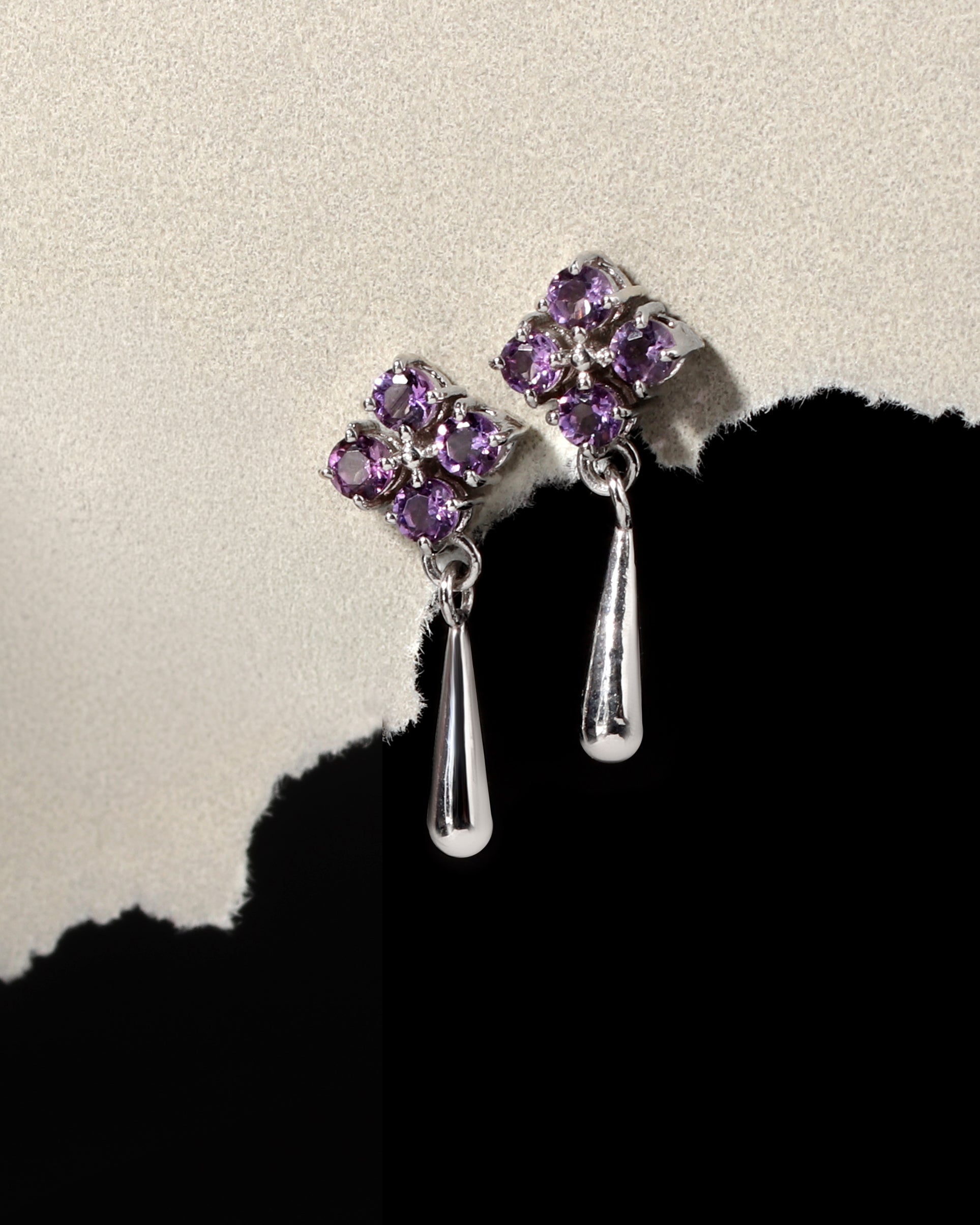 Purple amethyst silver dangle earrings — side view