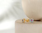 Amethyst and blue topaz flower stud earrings — display view
