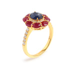 Blue Sapphire & Ruby Flower Halo Ring in 18K Gold-Plated Sterling Silver