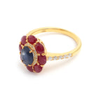 Blue Sapphire & Ruby Flower Halo Ring in 18K Gold-Plated Sterling Silver