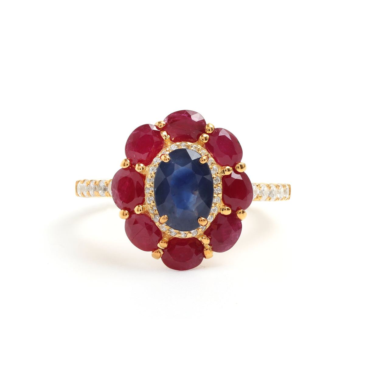 Blue Sapphire & Ruby Flower Halo Ring in 18K Gold-Plated Sterling Silver