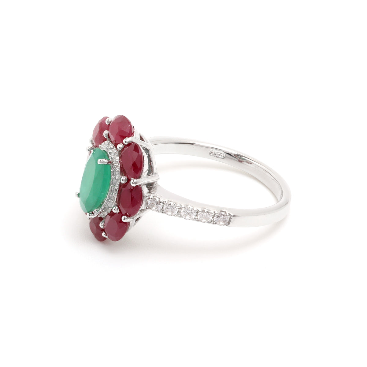 Emerald & Ruby Flower Halo Ring in 925 Sterling Silver