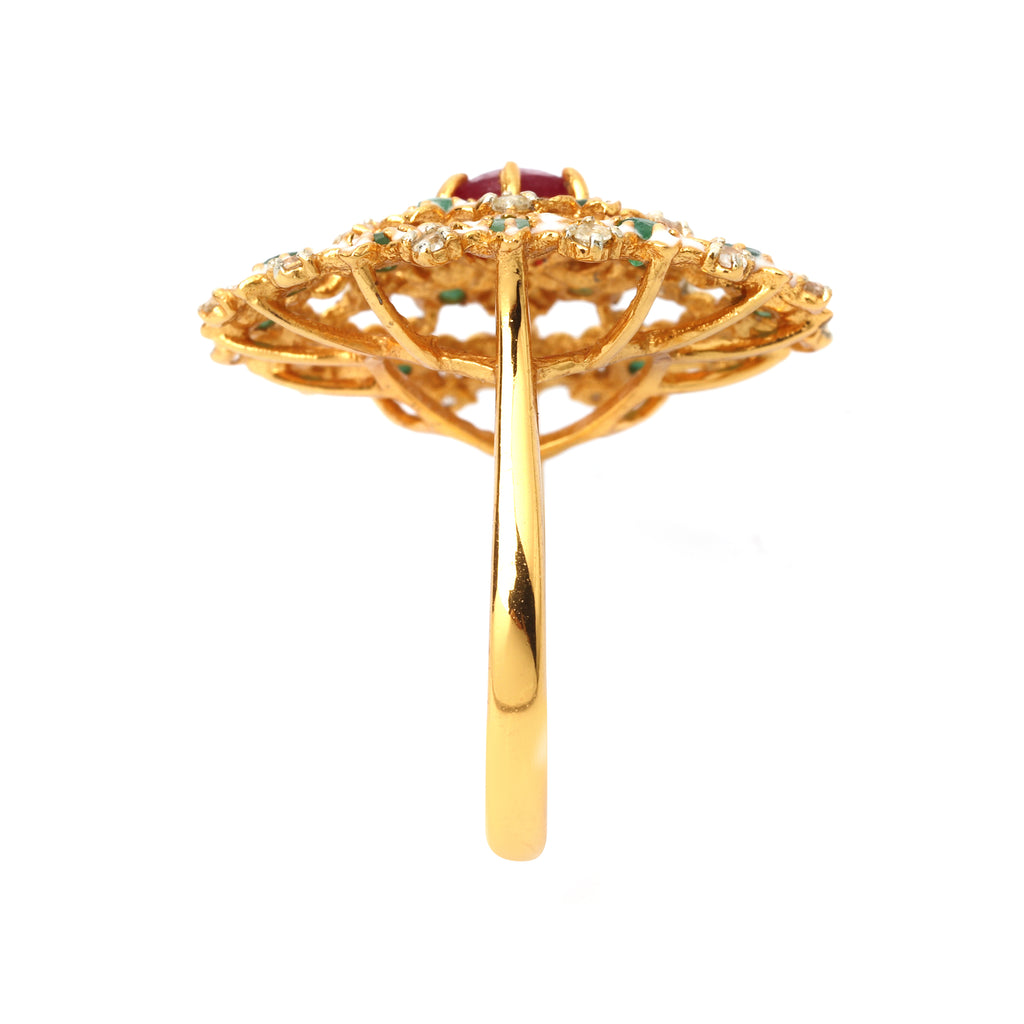 Floral gemstone ring with ruby center and emerald accents in gold plated silver