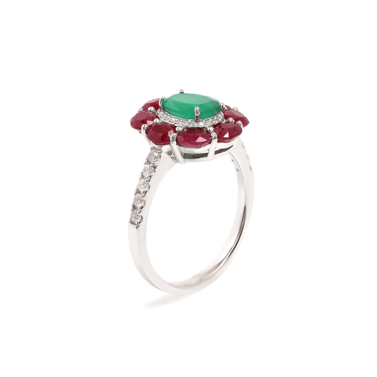 Emerald & Ruby Flower Halo Ring in 925 Sterling Silver