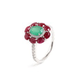 Emerald & Ruby Flower Halo Ring in 925 Sterling Silver