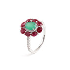 Emerald & Ruby Flower Halo Ring in 925 Sterling Silver