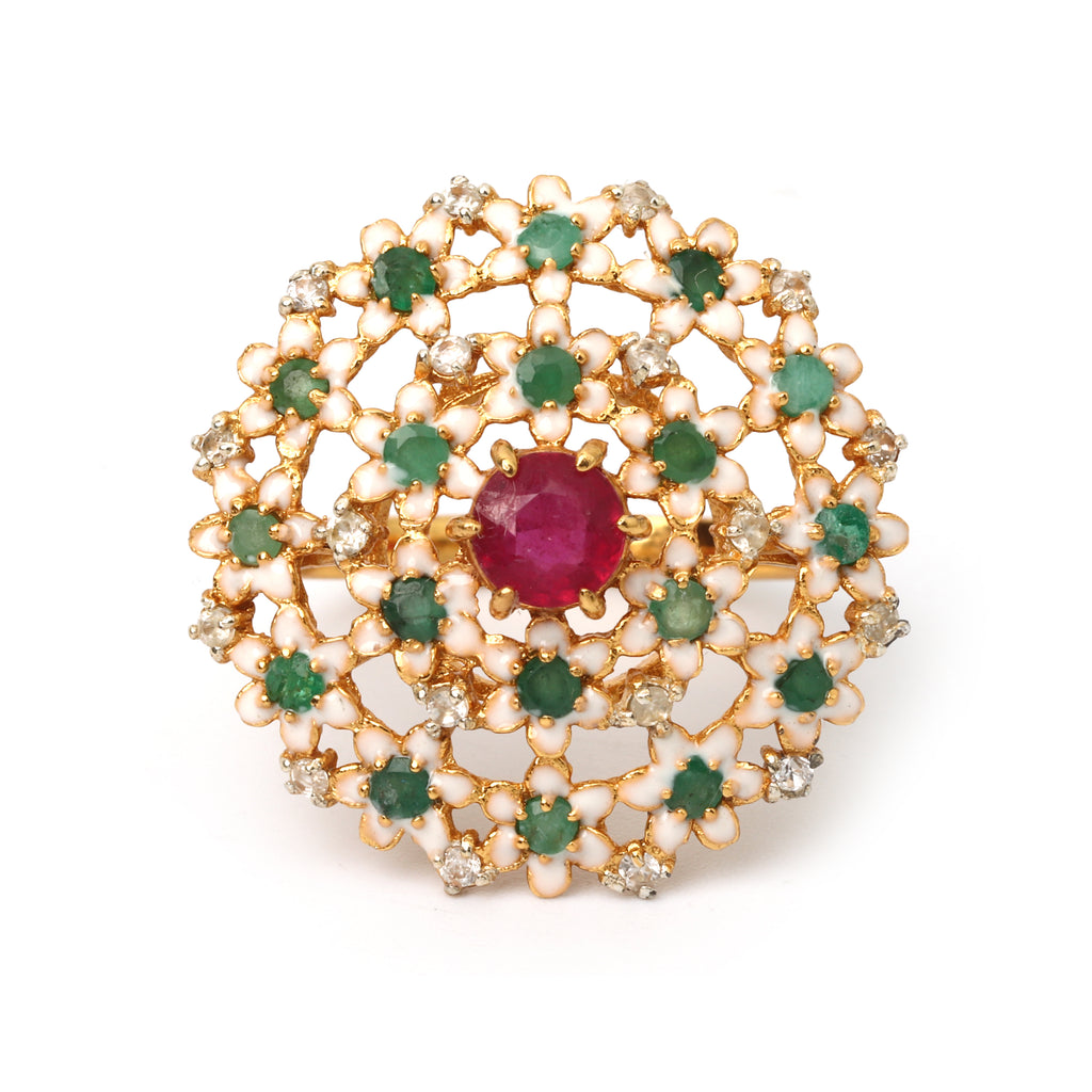 Elegant ruby and emerald statement ring handcrafted in sterling silver