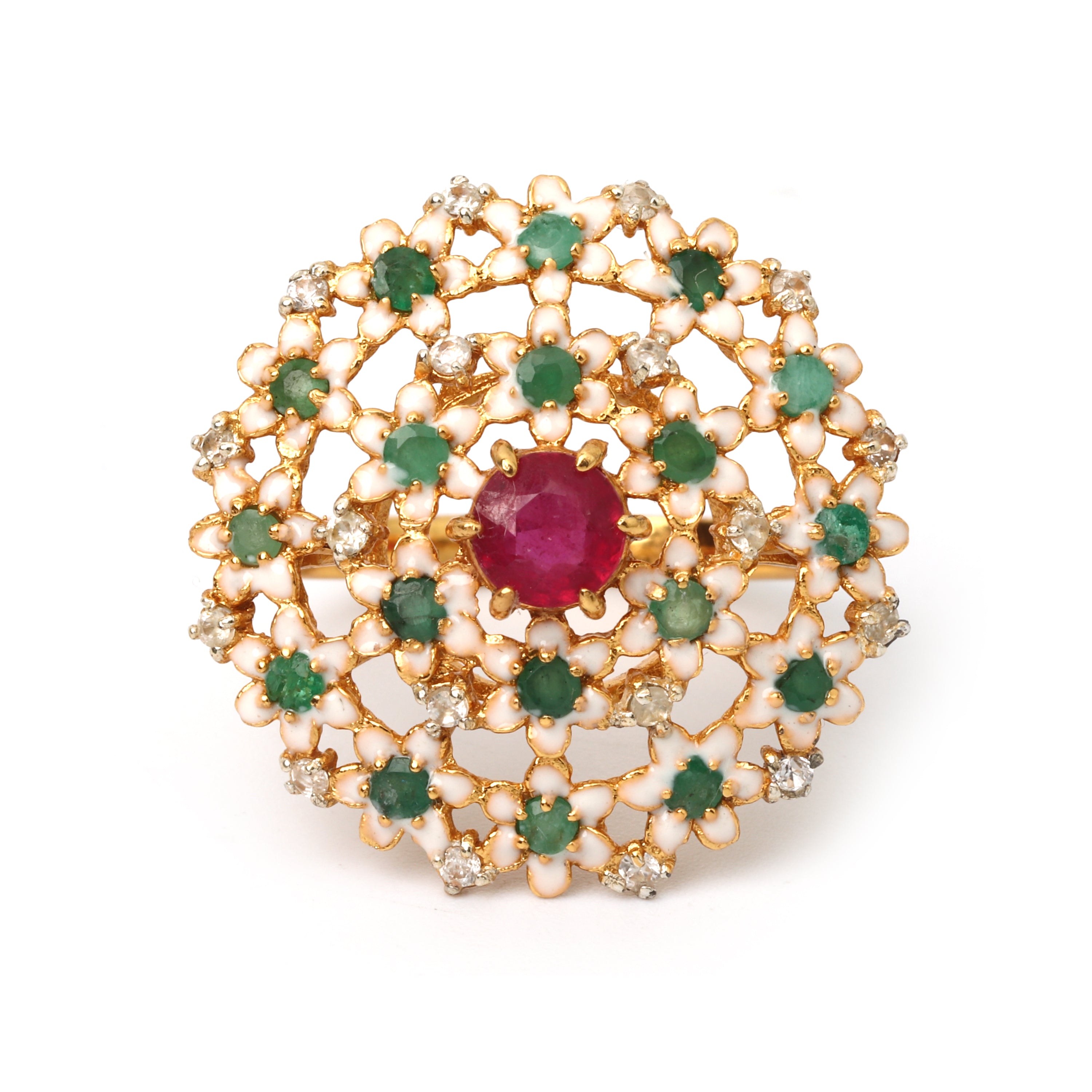 Elegant ruby and emerald statement ring handcrafted in sterling silver